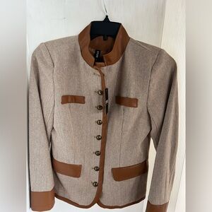 STYLEWE Tan Herringbone Blazer with Brown Leather Trim